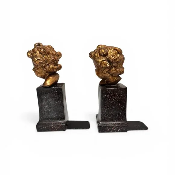 Vintage Borghese Italian Cherub Putti Bookends, Gilt Chalkware Faux Marble Base - Picture 8 of 16